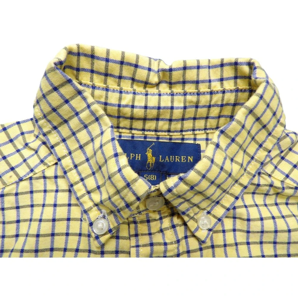 Ralph Lauren Boys Yellow Blue Plaid Long Sleeve Button Flesh Pony Shirt S 8 OCBD